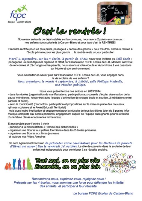 La lettre de rentrée MAJ 01 09 14 Les parents d élèves des écoles