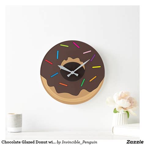 Chocolate Glazed Donut With Sprinkles Large Clock Zazzle Chocolate