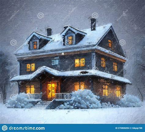 Oil Painting of a House at Night Winter with Lights on and Snow Stock ...