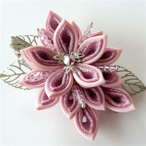 Kanzashi Fabric Flower Hair Clip Pink Fabric Flower Etsy