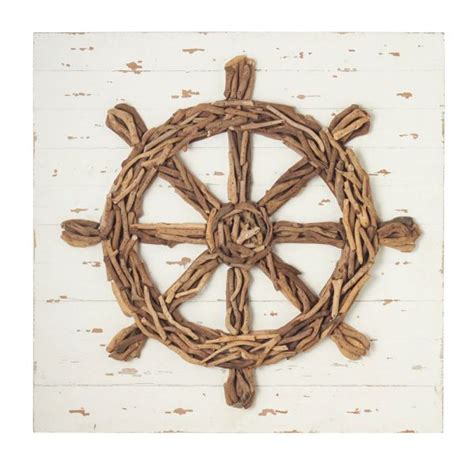 A Wooden Ship Wheel Made Out Of Rope On A White Wall With Wood Planks