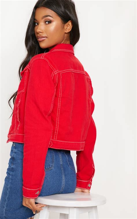 Deep Red Cropped Denim Jacket Prettylittlething Usa