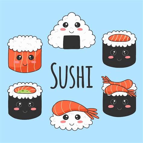 S Es Sushi Im Kawaii Stil Vektor Illustration Asiatisches Essen Lachs