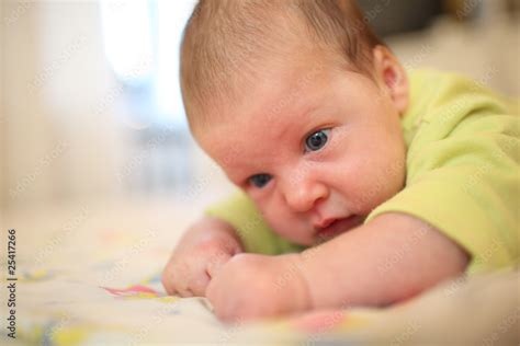 Newborn Baby Girl Lying On Bed Lifting Head Up Closeup Stock Photo