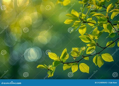 Vibrant Green Leaves On Tree Branch With Sunlight And Bokeh Background