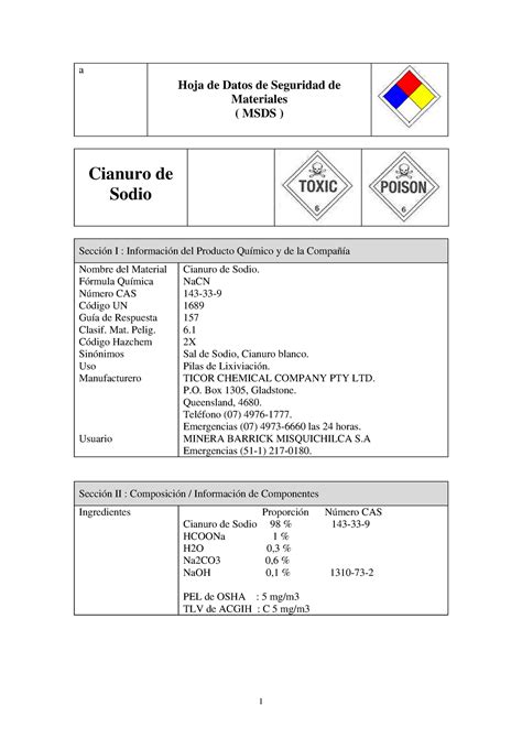 Msds Cianuro De Sodio A Hoja De Datos De Seguridad De