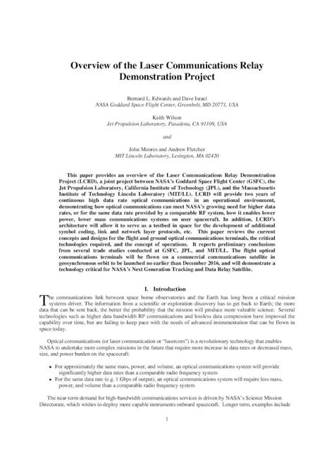 Pdf Overview Of The Laser Communications Relay Demonstration Project