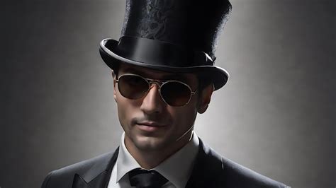 Premium Photo Magician In A Black Suit Sunglasses And Top Hat Showing Trick With Playing Cards