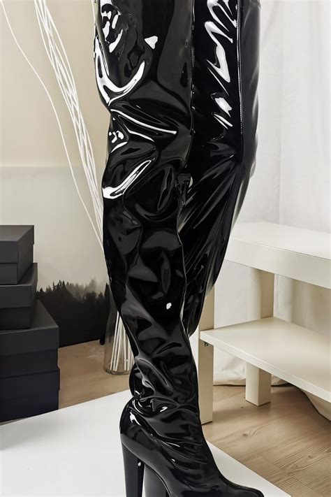 Black Gloss Thigh High Chunky Heel Boots - ShopperBoard