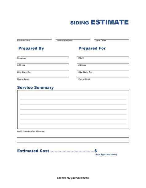 Printable Siding Estimate Template