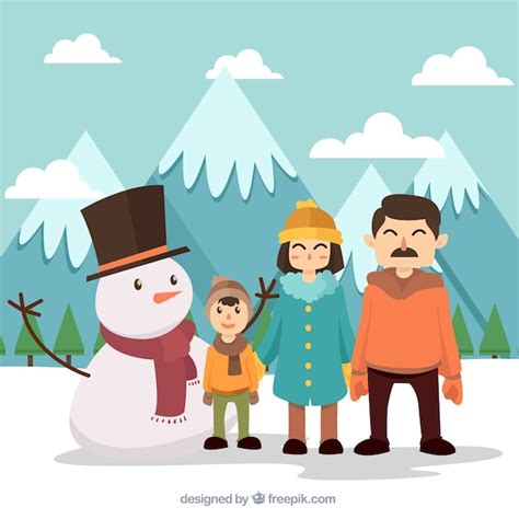 Fondo de paisaje de invierno con familia y muñeco de nieve Vector Gratis