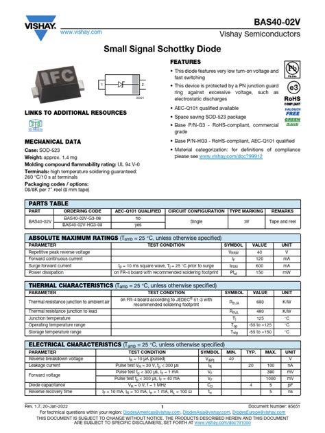 BAS40 02V Datasheet Small Signal Schottky Diode