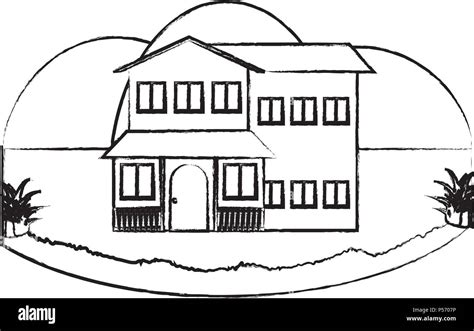 Sketch Of Traditional Houses In A Landscape Over White Background