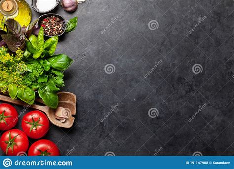 Italian Cuisine Ingredients Tomatoes Herbs And Spices Stock Photo