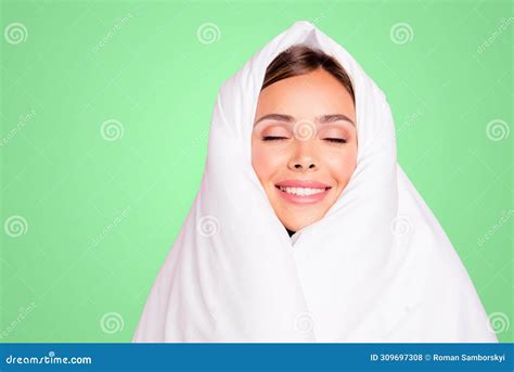 Portrait Of Young Gorgeous Smiling Lady Covered Wrapped In Blanket