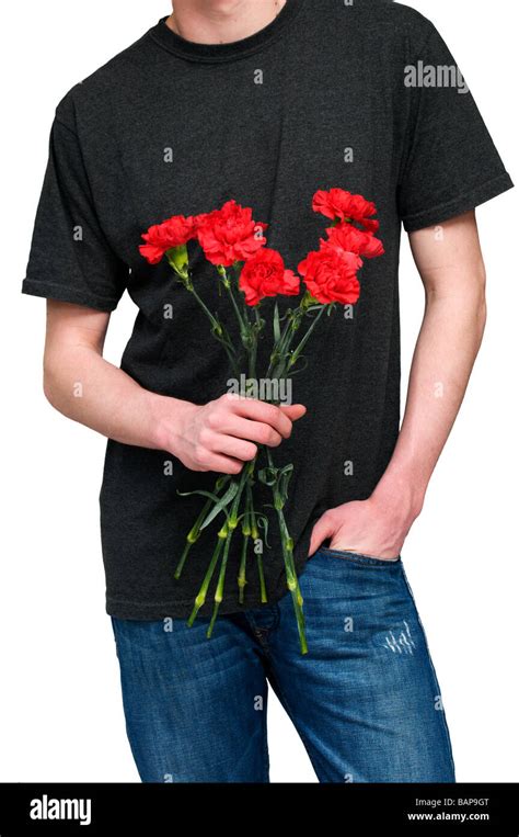 Male Holding Bouquet Of Red Long Stemmed Carnations Stock Photo Alamy