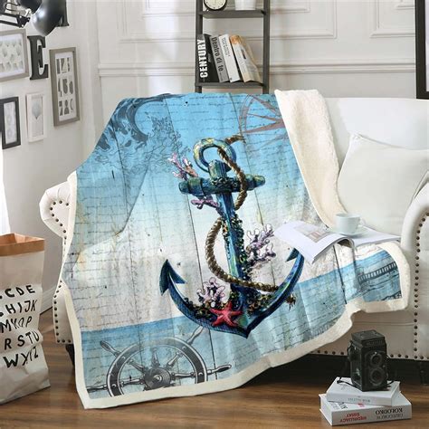 Yst Vintage Anchor Fleece Blanket Teal Aqua Blue Sherpa Blanket