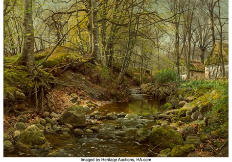 Peder Mork Monsted (Danish, 1859-1941). A forest stream, 1905. Oil ...