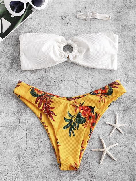 [34 Off] [popular] 2020 Zaful Ribbed Flower Knotted Bandeau Bikini