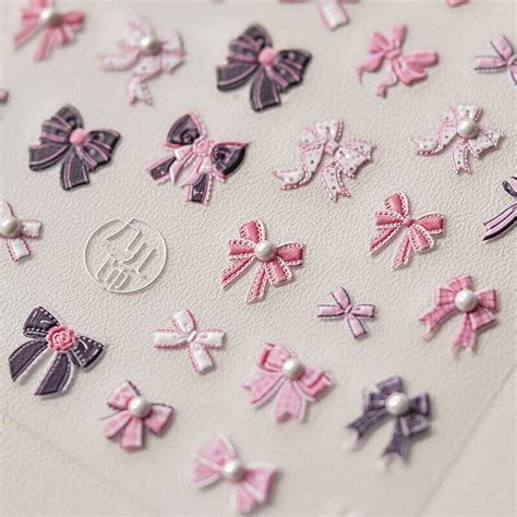 Sweet Pink Black Bowknot Nail Stickers Pearl Bead Design Adhesive