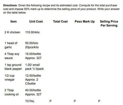 Solved Directions Given The Following Recipe And Its Estimated Cost