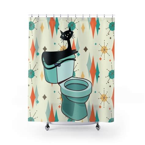 Retro Atomic Black Cat Shower Curtain Mcm Shower Curtain Mid Etsy