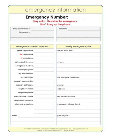 Free Printable Emergency Info Sheet