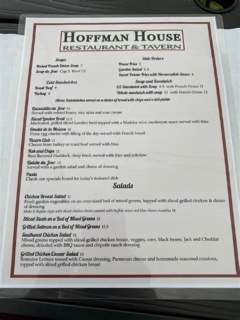 Menu at Hoffman House restaurant, Kingston