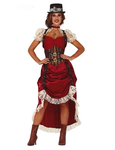 Steampunk Kost M F R Damen Saloon Dame Steampunk Kleid Rot Braun Weiss