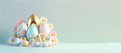 Easter Background Banner with 3D Eggs and Flowers with Copy Space ...