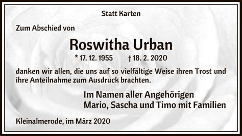 Traueranzeigen Von Roswitha Urban Trauer Hna De