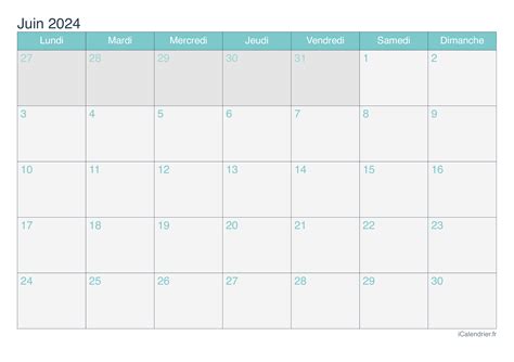 Calendrier juin 2024 à imprimer