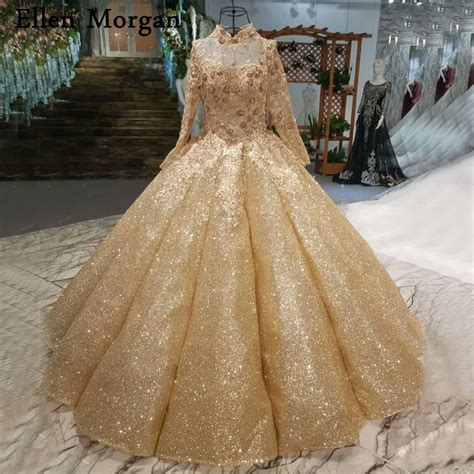 Gold Glitter Wedding Dresses For Women High Neck Long Sleeves Lace Up