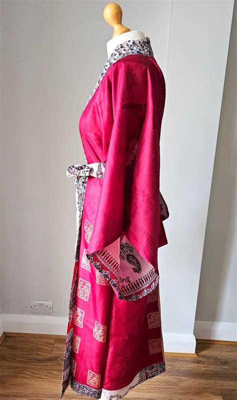 Red Silk Kimono Dress Reversible Lounge Dress Made From Vintage Sari Silk Robe Womens Dressing