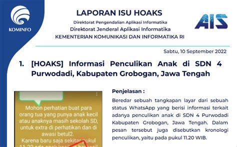 Isu Hoaks Disinformasi 10 September 2022 PPID Diskominfo Jateng