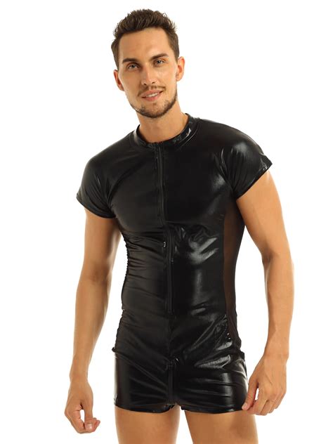 IEFiEL Mens Faux Leather Jumpsuit Catsuit Wet Look Mesh Side Leotard