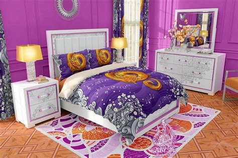 Purple Bed Cover, Gold Dragon Duvet or Comforter, Indie Bedding Set ...