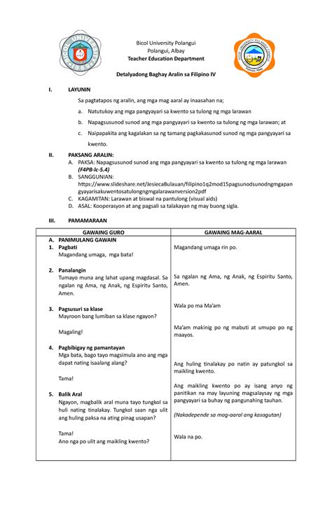 Lesson Plan Filipino Bicol University Polangui Polangui Albay Teacher Education Department