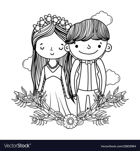 Couple marriage cute cartoon black and white Vector Image