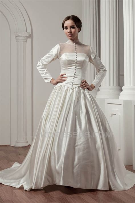 Long Sleeve Satin Fine Netting A Line Portrait High Neck Wedding