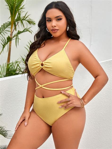 Plus Ring Linked Bikini Swimsuit With Beach Skirt Shein Usa