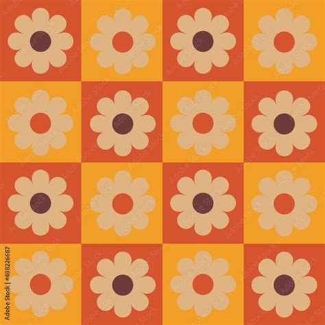 1970 Daisy Flowers Seamless Pattern On Orange Checkered Background