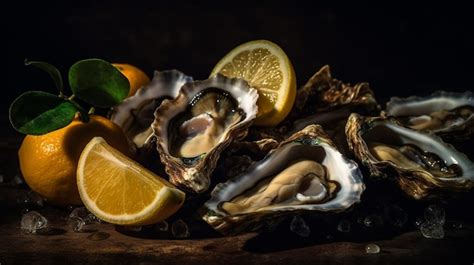 Premium Photo A Plate Of Oysters With A Lemon Slice