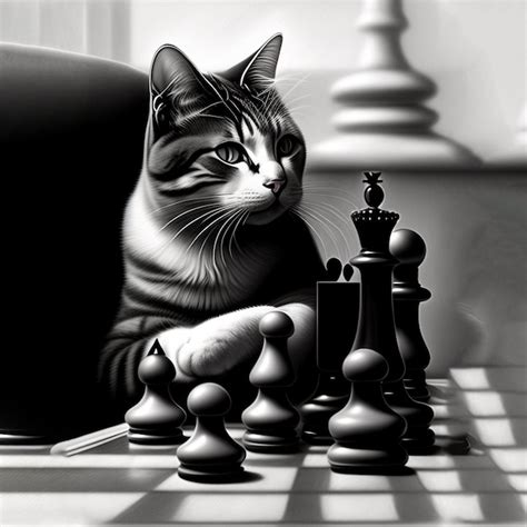 Premium AI Image Cat Playing Chess Pencil Drawing