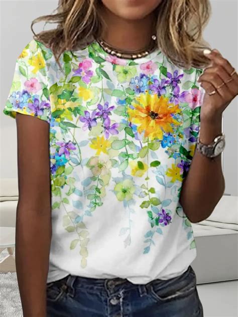 Regular Fit Casual Crew Neck Floral T Shirt Zolucky