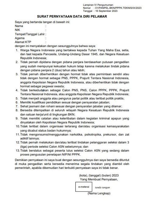 Contoh Format Surat Pernyataan Data Diri PPPK Teknis 2023 Sesuai