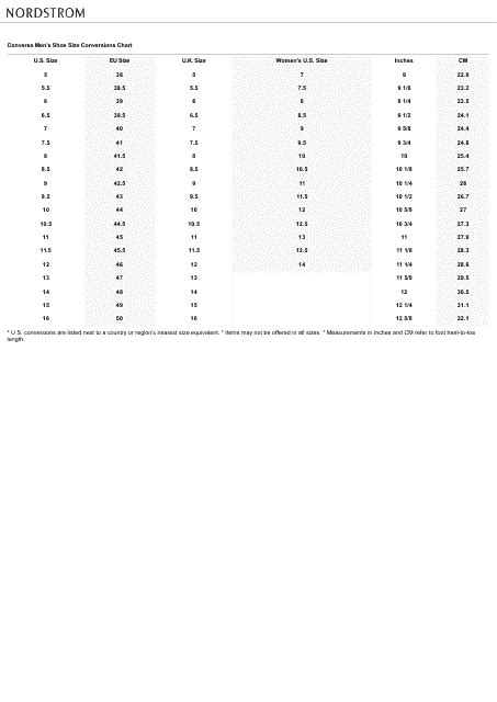 Men's Shoe Size Conversions Chart - Converse Download Printable PDF | Templateroller