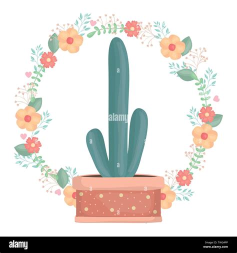 Exotic Cactus Plant In Ceramic Pot With Floral Crown Vector