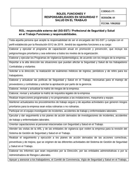 Roles Y Responsabilidades Del Responsable Externo Sg Sst Pdf Descargar Gratis Pdf La