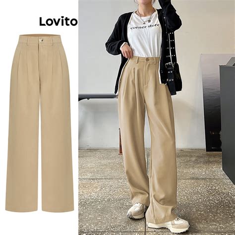 Lovito Casual Lisa Calça Feminina de Cintura Média L64AD096 Cáqui